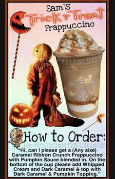 an advertisement for a pumpkin spice drink with a teddy bear holding a jack - o'- lantern