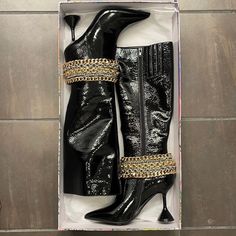 These Are Beautiful Boots And Have Never Been Worn As You Can See From The Bottoms!! Ordered Too Small Formal Boots With Chain And Round Toe, Black Rhinestone Boots For Formal Occasions, Black Rhinestone Formal Boots, Black Boots With Metal Feet For Evening, Black Evening Boots With Metal Feet, Luxury Black Boots With Rhinestones, Party Boots With Chain Detail, Formal High Heel Boots With Chain Strap, Formal Black Boots With Chain Detail