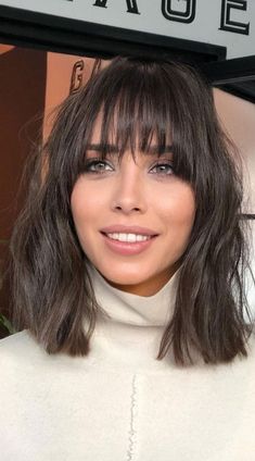 Medium Length Hair Bob Styles, Cute Haircuts With Bangs And Layers, Layered Lob Haircut For Fine Hair, Shoulder Length Hair With Straight Bangs, Short Black Hairstyles With Bangs, Layered Bob With Bangs Straight Hair, Medium Short Length Haircut With Bangs, Brown Medium Hair With Bangs, Medium Straight Haircut With Bangs