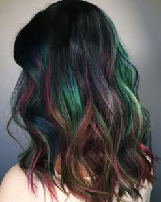 Inverted Hair Color, Fun Colors For Dark Hair, Mermaid Hair Highlights Brunettes, Christmas Hair Color Ideas For Brunettes, Fun Hair Colors For Brunettes, Oil Slick Hair Color Short, Jewel Tone Hair, Aurora Borealis Hair