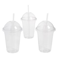 three plastic cups with lids and straws