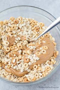 a bowl filled with cereal and peanut butter