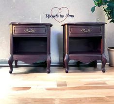 two wooden nightstands sitting next to each other on top of a hard wood floor