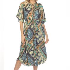 Johnny Was Nwt Retails $398 2x Blue Gold Greens Pink - The Colors Are Stunning Drawstring Waist , Neck Tie Tassels Johnny Was Plus Size Clothing, Bohemian Colors, Woman Looking, Johnny Was, Boho Bohemian, Blue Gold, Midi Length, Drawstring Waist, Neck Tie