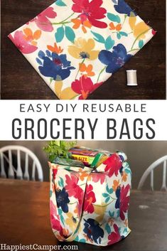 an easy diy reusable grocery bag made out of fabric with flowers on it