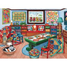 a painting of a living room filled with furniture and quilts