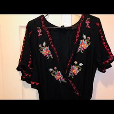 Black Wrap Dress With Beautiful And Vibrant Real Embroidery, Never Worn But Prematurely Took Off Tags. Black V-neck Embroidered Dress With Embroidered Hem, Black Embroidered Dress With V-neck, Black V-neck Dress With Floral Embroidery, Mexican Embroidered Dress, Embroidered Dress Boho, Black Wrap, Dress Boho, Black Wrap Dress, Embroidered Dress