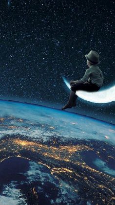 a person sitting on the moon in the middle of the earth with words above them