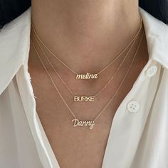 This small necklace features the name of your choice in a beautiful script font. Example is shown in all lowercase letters. First letter uppercase is available also. Available in: 14K Yellow, White or Rose Gold Length is based on how many letters Height is approx. 0.20" - 0.25" - varies per letter and uppercase/lowercase Up to 10 letters only FINAL SALE Cheap Customizable Pink Name Necklace, Beautiful Script Fonts, Block Font, Small Necklace, Font Setting, Gold Name Necklace, Rose Gold Chain, Script Font, Gorgeous Necklaces