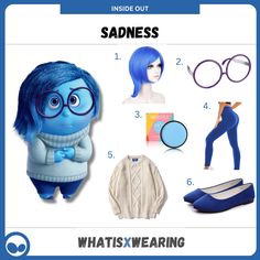 It's time to rain on everyone's parade with our funny and easy Sadness costume idea from Disney's Inside Out. Click for a step-by-step guide on how to dress like Sadness! Inside Our Costume Ideas, Saddnessfrom Inside Out Costume, Inside Out Diy Costumes, Inside Out Costume Ideas, Inside Out Characters Costumes, Inside Out 2 Outfit Ideas, Blue Costume Ideas, Inside Out Outfit Ideas