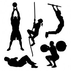 the silhouettes of people doing different sports activities, including basketball and volleyball players with their arms in the air