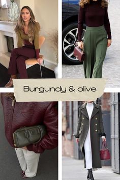 Dallas fashion blogger shares how to style burgundy for all and winter—burgundy and olive outfit inspiration Olive Green Autumn Outfit, Olive And Burgundy Outfit, True Autumn Palette Outfits, Burgundy And Olive Green Outfits, Green And Maroon Outfit, Green And Burgundy Outfit, Wine Color Outfits, Winter Color Palette Clothes, Olive Green Outfit Ideas