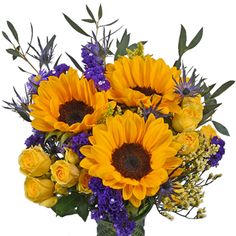 a vase filled with yellow and purple flowers