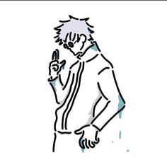 a drawing of a man holding a cell phone in one hand and looking at the other