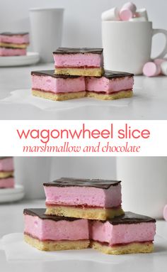 three different views of marshmallow and chocolate desserts with the words wagonwheel slice above them