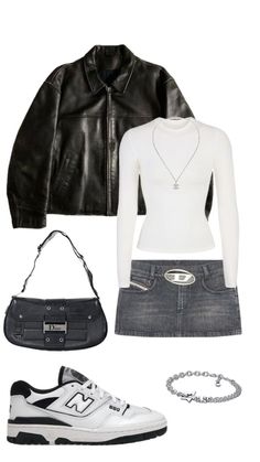 a white shirt, black jacket and grey skirt