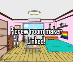 a room with pink walls and wooden floors, the words picrew room maker linked