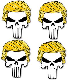 three stickers depicting the faces of two men with blonde hair and skulls on them