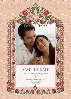 the save the date card is decorated with pink flowers and green leaves, as well as an ornate frame