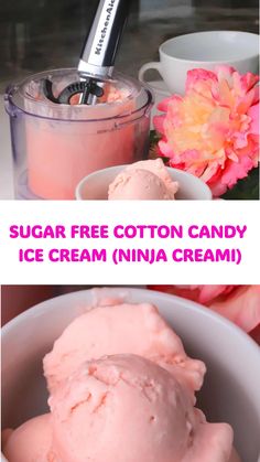 two pictures with different types of ice cream in them and the text sugar free cotton candy ice cream ninja cream