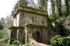 an old building in the woods with vines growing on it's roof and walls