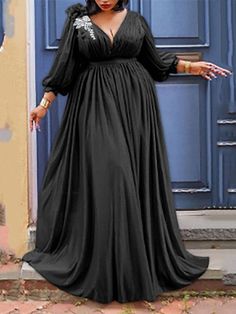 Elegant Plus Size V Neck Ruched Maxi Dress Plus Size Prom Dress, Neck Flower, Ruched Maxi Dress, Plus Size Prom, Plus Size Party Dresses, Plain Dress, School Dresses, Party Dress Long, Formal Dresses Prom