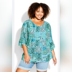 Belle Sleeves And Brilliant Blues! 25" Pit To Pit Spring Blouses, Casual Tunics, Denim Outerwear, Plus Size Top, Spring Tops, Ruffle Sleeves, Print Tunic, Pin Tucks, Fashion Help