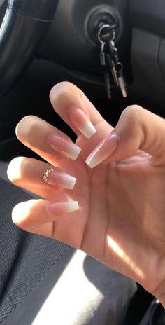 Grade 8 Grad Nails Acrylic, Pink Nails With Initials, Nail Inspo With Gems, Nails For Back To School, Square Nail Ideas, Grad Nails, Sheer Nails, Girly Acrylic Nails, Basic Nails