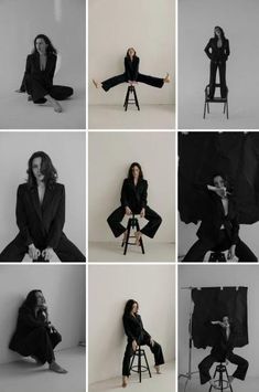 black and white photographs of women sitting on chairs, posing for the camera with their legs spread out