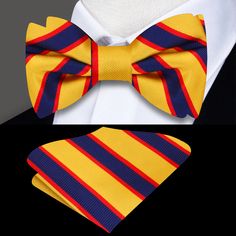 Radiant Elegance: The Yellow, Red, and Blue Striped Silk Bow Tie Step into the world of sophistication and style with our Yellow, Red, and Blue Striped Silk Bow Tie—a dazzling accessory that effortlessly combines vibrant colors with timeless patterns. This bow tie, available in both self-tie and pre-tied options, is designed to cater to your unique style preferences. Join us as we explore the versatility, pairing possibilities, and occasions where this silk bow tie becomes the star of your ensem Yellow Fitted Bow Tie For Formal Occasions, Formal Yellow Bow Tie, Formal Fitted Yellow Bow Tie, Formal Yellow Fitted Bow Tie, Red Bow Tie For Formal Summer Events, Elegant Red Suit And Tie Accessories For Summer, Red Tie As A Summer Gift, Red Summer Bow Tie, Types Of Bows