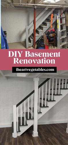 a basement renovation with white stairs and wood flooring