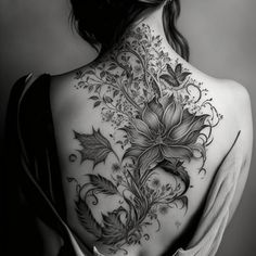 the back of a woman's neck with flowers and leaves tattooed on her body