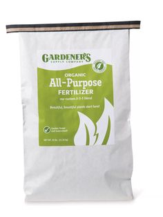 a bag of organic all purpose fertilizer on a white background with the words gardener's