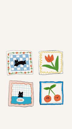 four square pictures with cats and flowers on them