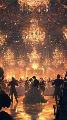 a ballroom with chandeliers and people dancing