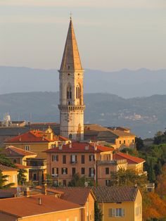 an old church steeple rises above the city below it's rooftops, with mountains in the background