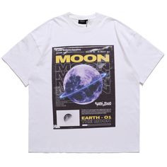 Reach for the stars with Speedy Apparel's "The Moon" Graphic T-Shirt. This shirt captures the mystery and beauty of the moon, blending cosmic inspiration with sleek, minimalist design. Perfect for those who love astronomy, space exploration, or simply admire the moon’s natural beauty, this tee is more than just clothing—it’s a statement of your connection to the universe. Why You’ll Love It: Stunning Moon Graphic: Features a detailed graphic of the moon, designed to inspire wonder and curiosity. Graphic Tee With Moon Print For Streetwear, Short Sleeve Moon Print T-shirt For Streetwear, White Graphic Tee With Moon Print, White Cotton T-shirt With Moon Print, Y2k Space, Space Graphic Tee, Space Tee, Moon Graphic, Moon T Shirt