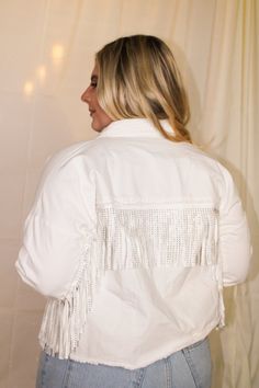 Sparkly stud fringe jacket Collar neck Snap button down Front closure Front pockets Frayed edge bottom Back stud fringe design White color 100% cotton True to size Model is 5'3", Bust 34", and wearing a size medium Cotton Fringe Outerwear For Fall, Fall Cotton Outerwear With Fringe, Fall Cotton Fringe Outerwear, Casual Long Sleeve Outerwear With Rhinestone Fringe, Neck Snap, Jacket Collar, Collar Neck, Fringe Jacket, Snap Button