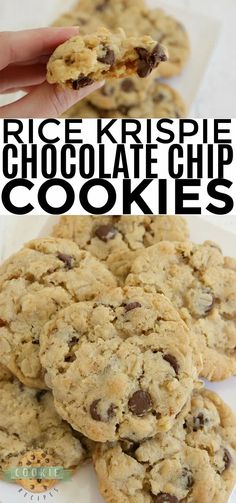 chocolate chip cookies are stacked on top of each other with the words rice krispie chocolate chip cookies