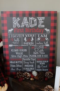 a sign that says kale first birthday with pine cones and other decorations on it