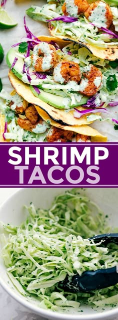 shrimp tacos with avocado and cilantro on the side in a white bowl