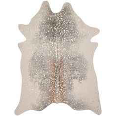 a white and gray cowhide rug on a white background with silver speckles