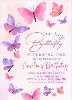 a pink and purple birthday card with butterflies