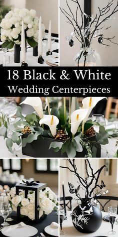 black and white wedding centerpieces with flowers in vases, candles and plates