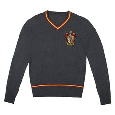 a harry potter sweater with a crest on the front and an orange stripe around the neck