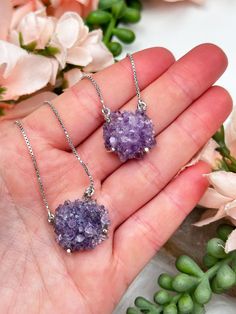 Adorable and classic amethyst cluster necklace that will never go out of style! Featuring a sterling silver box chain with a single small amethyst cluster pendant that hangs from a ring on each side. The chain is super adjustable and can be worn at 5 different lengths. While you cannot choose the exact necklace you will receive, you can select Chain adjusts from 14" to 18" with an adjustment at each inch. You will received ONE necklace that is intuitively picked for you of your selected color ra Amethyst Pendant Jewelry As A Gift For Her, Lavender Natural Stones Jewelry Gift, Dainty Cluster Jewelry As A Gift, Dainty Cluster Jewelry For Gifts, Dainty Cluster Jewelry For Gift, White Gold Amethyst Pendant Jewelry, Lavender Amethyst Pendant Jewelry, Lavender Sterling Silver Round Jewelry, Amethyst Round Pendant Fine Jewelry