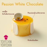 a piece of cheese that is on top of a white surface with the words passion white chocolate above it