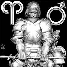 a black and white drawing of a man in armor