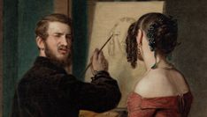 a painting of a man and woman in front of a easel