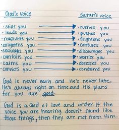 a handwritten note on lined paper with words written in blue ink and the words god's voice